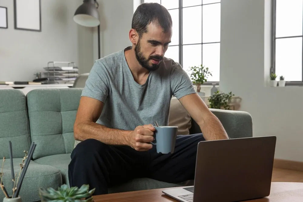 Hombre tomando café y trabajando desde casa con un portátil