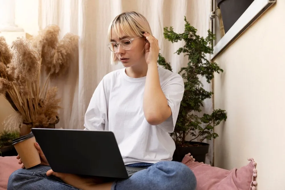 mujer joven rubia trabajando desde casa en el suelo