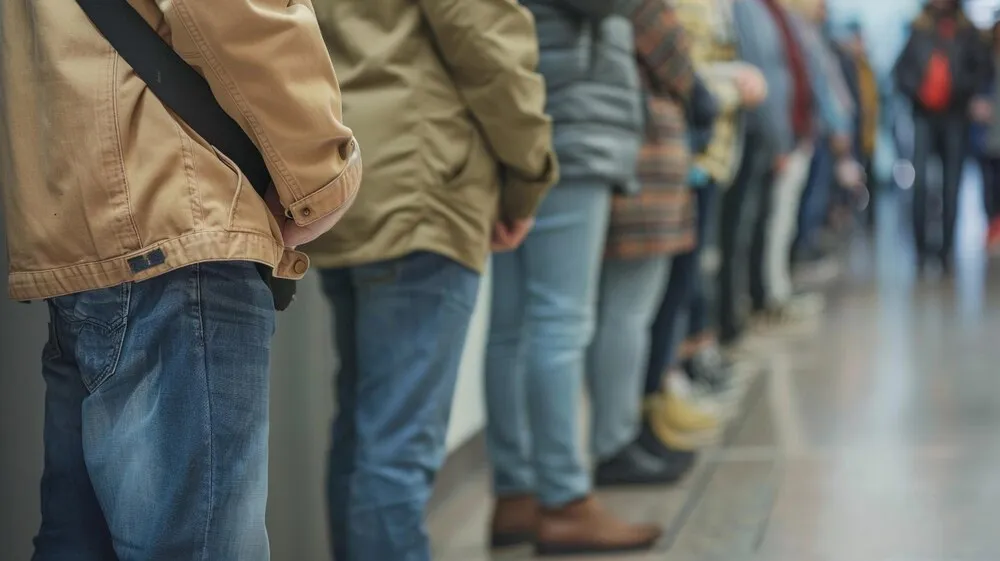 cola de personas esperando en una feria de empleo o en una oficina de desempleo