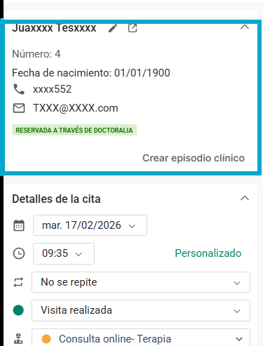 Datos de contacto del paciente en la reserva