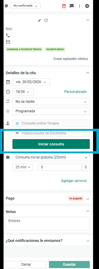 Detalles de la cita - Iniciar consulta