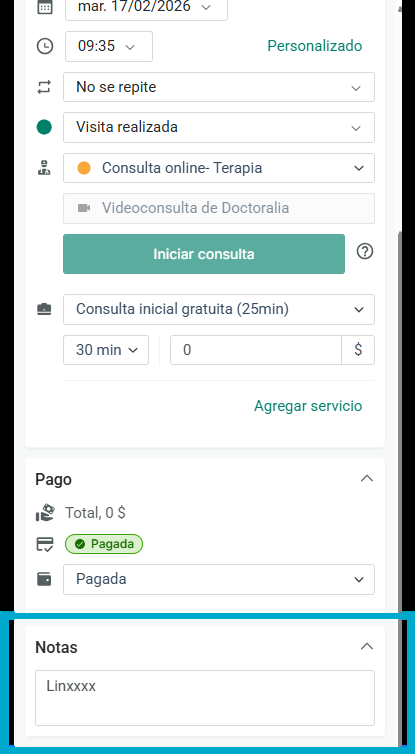 Sección de Notas con enlace al cuestionario del paciente
